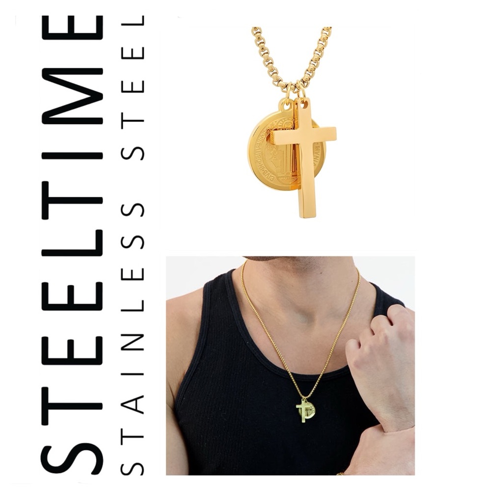 🐘 Steeltime St. Benedict Double Pendant Cross Necklace